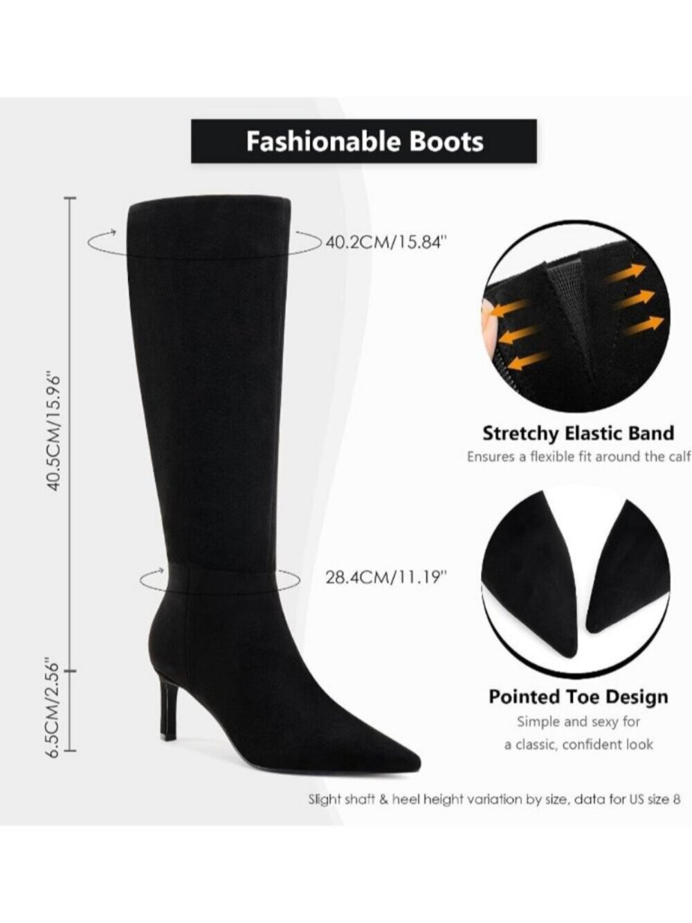 Women's Black Suede Knee High Boots 2.5-Inch Stiletto Heel Boots Pointed Toe - Picture 4 of 6